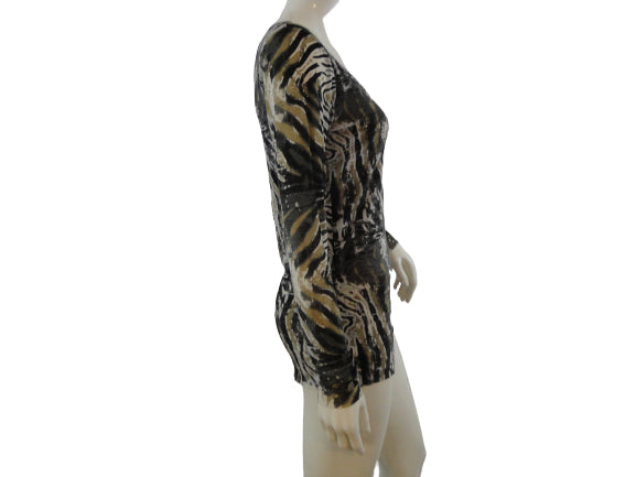 Poof 90's Long Sleeve Black, White And Tan Animal Print Sheer Top Size L SKU 000127