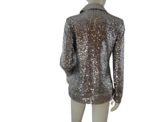 Load image into Gallery viewer, Anne Klein 70&amp;#39;s Blouse Sequins Silver Size M SKU 000291-1
