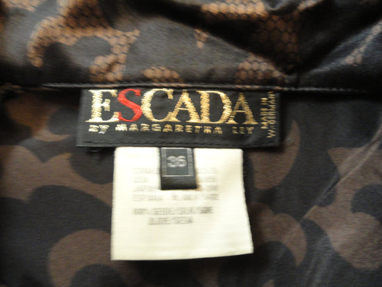 Escada 70's Black and Brown 100% Silk Long Sleeve Animal Print Shirt Size 7 SKU 000169