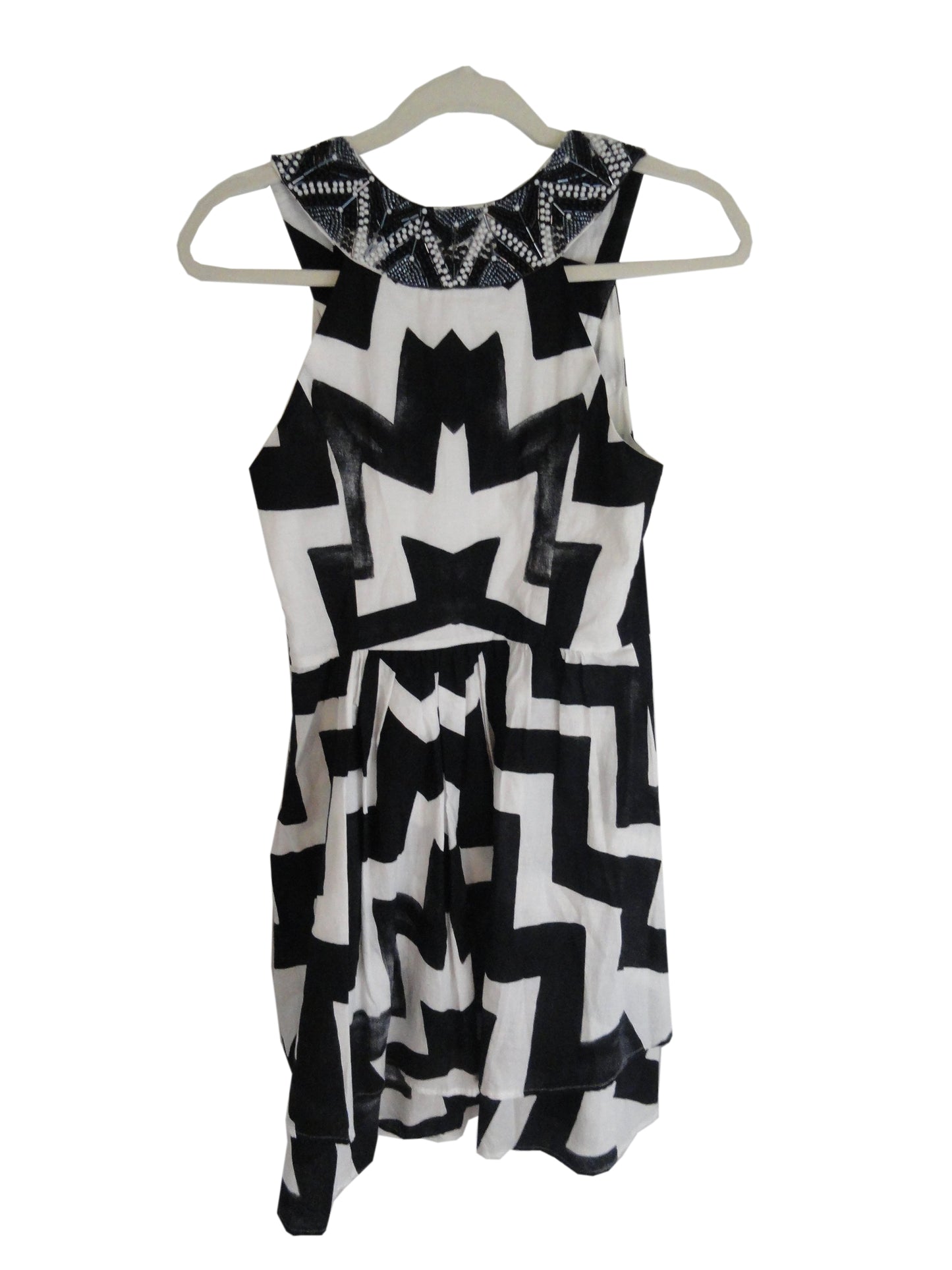 Load image into Gallery viewer, BEBE Black and White Ruffled Beaded V Neck Dress Size S SKU 001005
