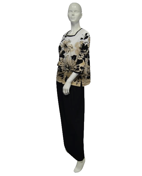 Load image into Gallery viewer, Alfred Dunner 60&amp;#39;s Tan Black White Flower Shirt Size Medium SKU 000051
