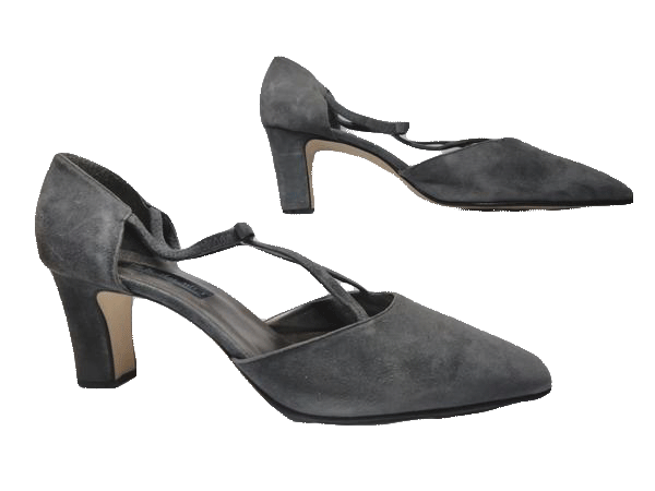 Load image into Gallery viewer, Shoes Smoky Gray Suede T-Strap with Bow Block 3&amp;quot; Heels Silver Sandal Size 10 SKU 000146
