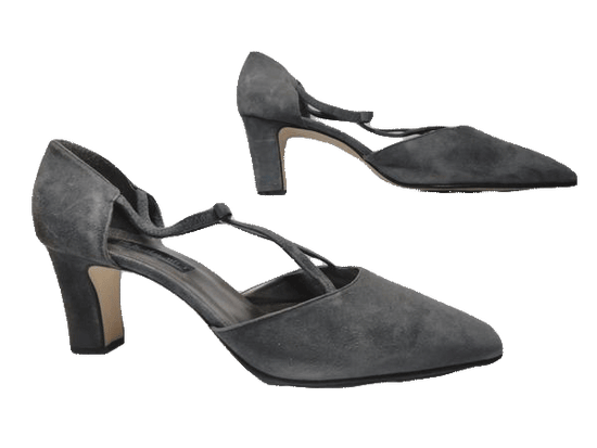 Load image into Gallery viewer, Shoes Smoky Gray Suede T-Strap with Bow Block 3&amp;quot; Heels Silver Sandal Size 10 SKU 000146
