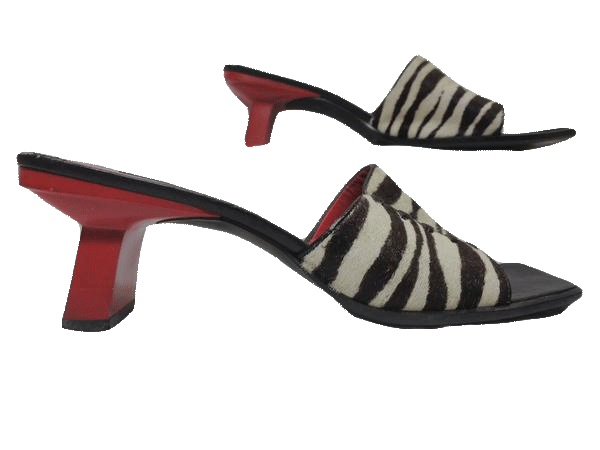 Load image into Gallery viewer, Shoes Nine West Black and White Calf Hair Peep Toe Slides Size 9N SKU 000131
