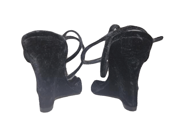 Shoes Black Velvet 5" Wedge Peep Toe Slides with Back Ankle Strap Size 9 SKU 000131