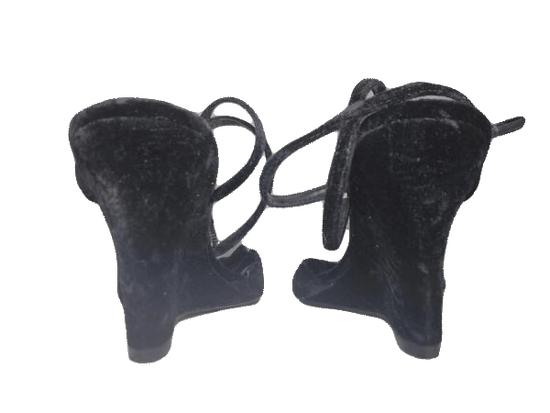 Shoes Black Velvet 5" Wedge Peep Toe Slides with Back Ankle Strap Size 9 SKU 000131