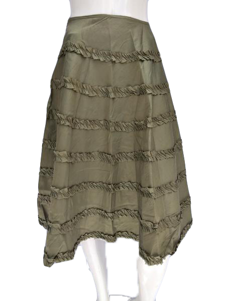 Load image into Gallery viewer, Zelie 90&amp;#39;s Silk Olive Green Circle Skirt with Ruffles Size 2 NWT SKU 000133
