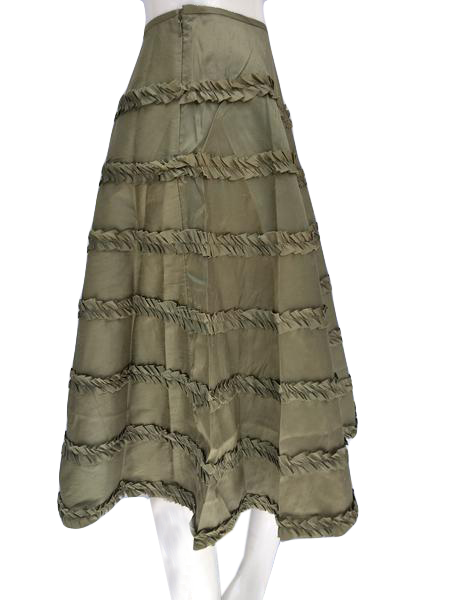 Load image into Gallery viewer, Zelie 90&amp;#39;s Silk Olive Green Circle Skirt with Ruffles Size 2 NWT SKU 000133
