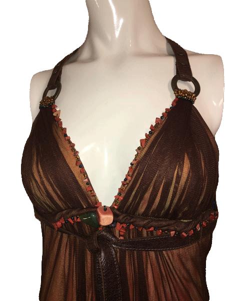 Load image into Gallery viewer, Maria Vazquez Leather, Sheer and Stones Brown and Orange Dress Size S SKU 000201

