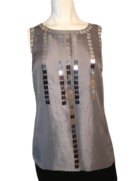 Tory Burch 90's Gray Sleeveless 100% Silk Top with Large Sequin Size 4 SKU 000169