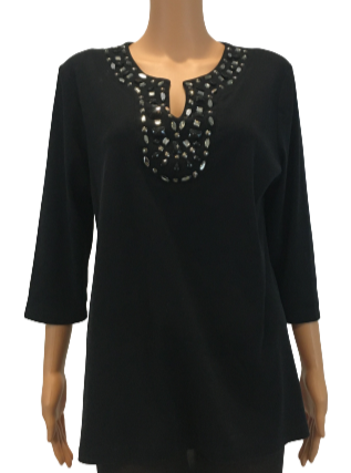 Karen Scott Top Black Beaded Vee Neck Embellished Size XL SKU 000331-10