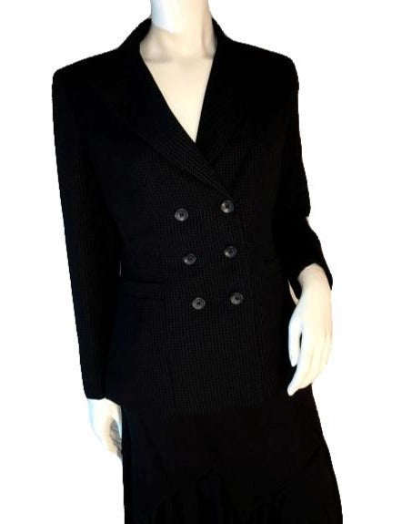 Load image into Gallery viewer, Kasper Petite 70&amp;#39;s Double Breasted Black Blazer with White Pin Stripes Size 6P SKU 000204
