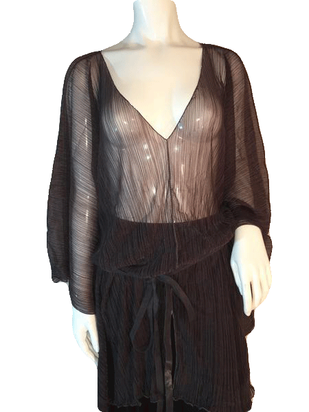 Shan Dark Brown Sheer Blousy Top with Leather Tie Around the waist Size L SKU 000205