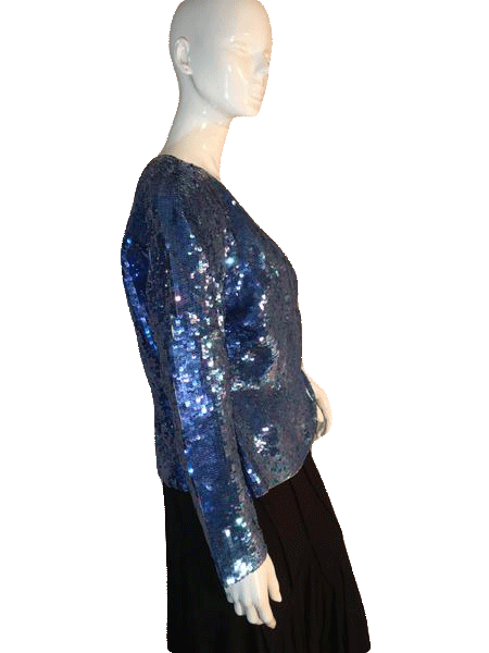 Load image into Gallery viewer, Tootsies70&amp;#39;s  Long Sleeve Blue Sequin Top Size L SKU 000205
