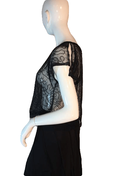 MYTH NYC Sheer and Sequin Black Top with Split Short Sleeves Size 38” Chest SKU 000205