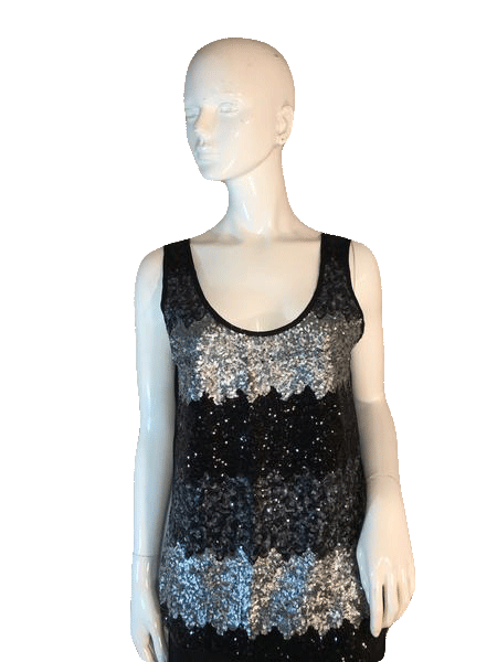 Load image into Gallery viewer, B Jewel Sequin Tank Top in Silver and Black Stripes Size M SKU 000205
