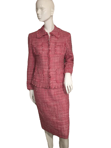 Load image into Gallery viewer, Excetra 80&amp;#39;s Pink Tweed Jacket and Skirt with Fringe Edges SKU 000152
