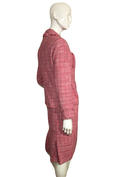 Load image into Gallery viewer, Excetra 80&amp;#39;s Pink Tweed Jacket and Skirt with Fringe Edges SKU 000152

