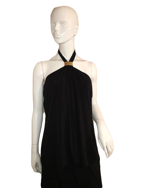 Calvin Klein 70's Black Halter Top with Metal Clip At Neckline Size XL Designers On A Dime Calvin Klein 70's Black Halter Top with Metal Clip At Neckline Size XL Designers On A Dime