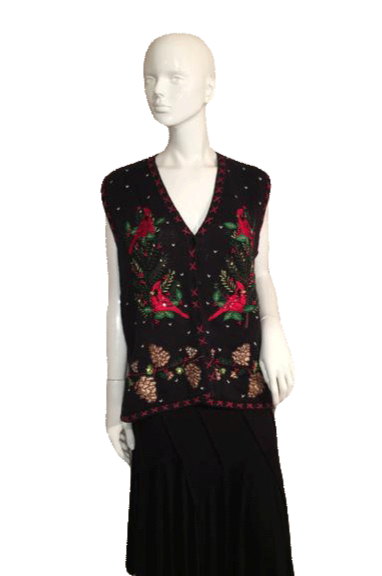 Bobbie Brooks 90's Sweater Vest Black With Cardinals and Pine Cones Embroidery Size XL SKU 000137