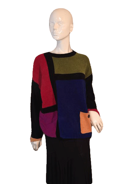 Load image into Gallery viewer, Neiman Marcus 70&amp;#39;s Long Sleeve Sweater Black with Color Blocks Size L SKU 000206
