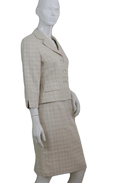 Load image into Gallery viewer, Maggie London 70&amp;#39;s Beige and White Two Piece Suit Set  Size 6 SKU 000112
