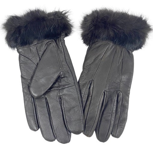 Leather Gloves Woman Black with Rabbit Fur Size L SKU 000355-7