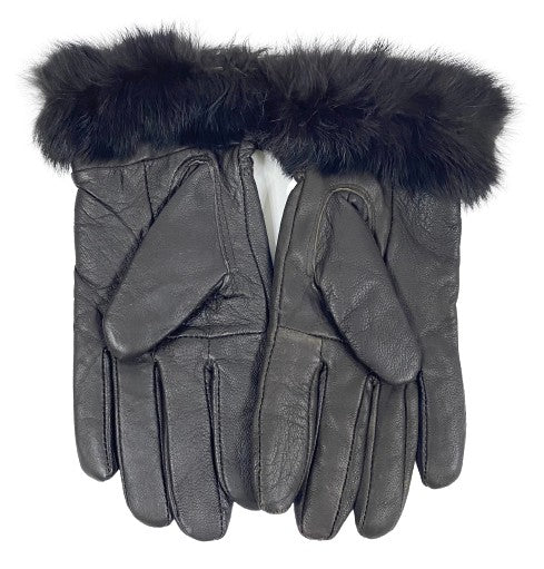 Leather Gloves Woman Black with Rabbit Fur Size L SKU 000355-7