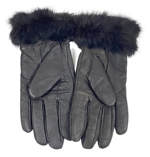Leather Woman's Gloves Dark Brown Fur Trim Size L  SKU 000355-9