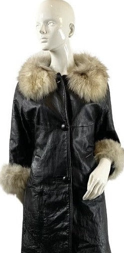 Leather Coat, Black, Fox Fur Collar, Size 8,  SKU 000357-1
