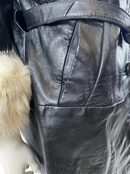 Leather Coat, Black, Fox Fur Collar, Size 8,  SKU 000357-1