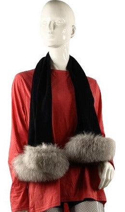 Cashmere Scarf, Black, Gray Fox Fur Trim, One Size, SKU 000359-1