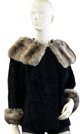 DK Coat Cropped Black Mink Fur Chinchilla Trim Tan  SKU 000333-2