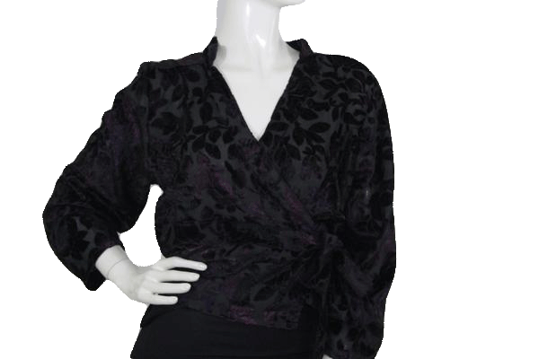 Raaga 80's Long Sleeve Black and Dark Purple Velour Shirt with Side Tie Closure SKU 000173