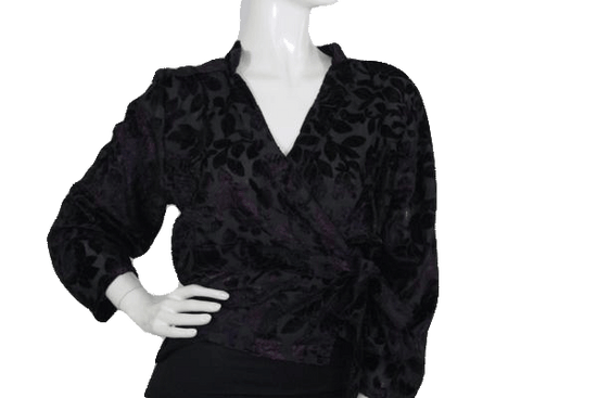 Raaga 80's Long Sleeve Black and Dark Purple Velour Shirt with Side Tie Closure SKU 000173