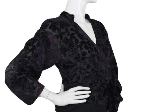 Load image into Gallery viewer, Raaga 80&amp;#39;s Long Sleeve Black and Dark Purple Velour Shirt with Side Tie Closure SKU 000173
