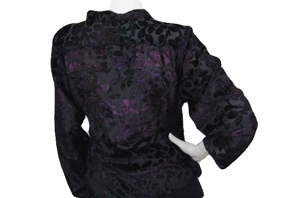 Load image into Gallery viewer, Raaga 80&amp;#39;s Long Sleeve Black and Dark Purple Velour Shirt with Side Tie Closure SKU 000173
