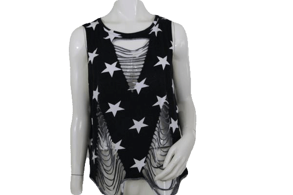 Load image into Gallery viewer, Soprano Black Tank Top with White Stars and Cut Out Design Size L SKU 000171
