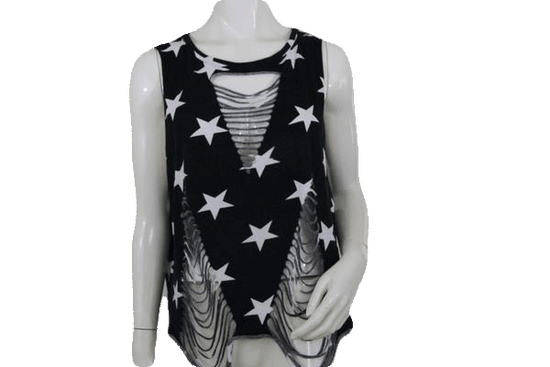Soprano Black Tank Top with White Stars and Cut Out Design Size L SKU 000171